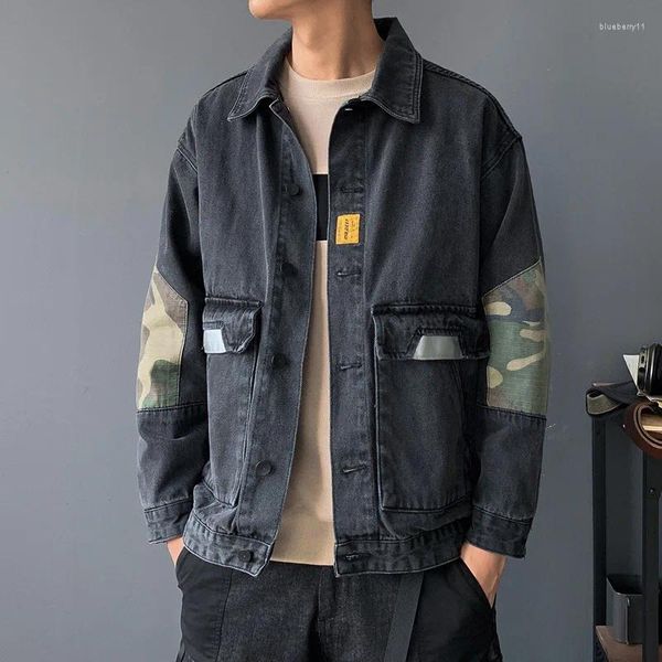 Männer Jacken Sommer Herbst Männer Denim Koreanische Patchwork Streetwear Freizeit Jean Jacke Schwarz Blau Revers Langarm Mode Jeans Mantel