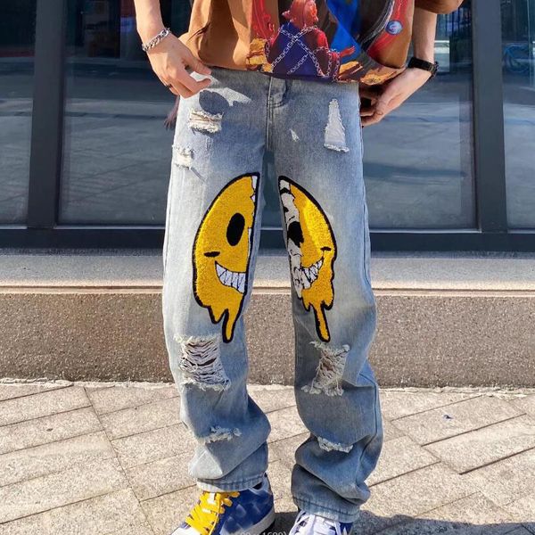 Jeans Smile Print Baggy Jeans Hohe Taille Dünne Hosen für Männer y2k Streetwear Lange Denim Hosen 2024 Harajuku