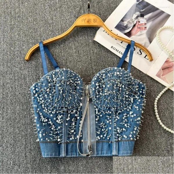 Mulheres Tanques Camis Spaghetti Strap Jeans Tank Top Backless Zipper Denim Camisole Feminino Sem Mangas Elástico Coreano Moda Outwear Drop Ot8Lu