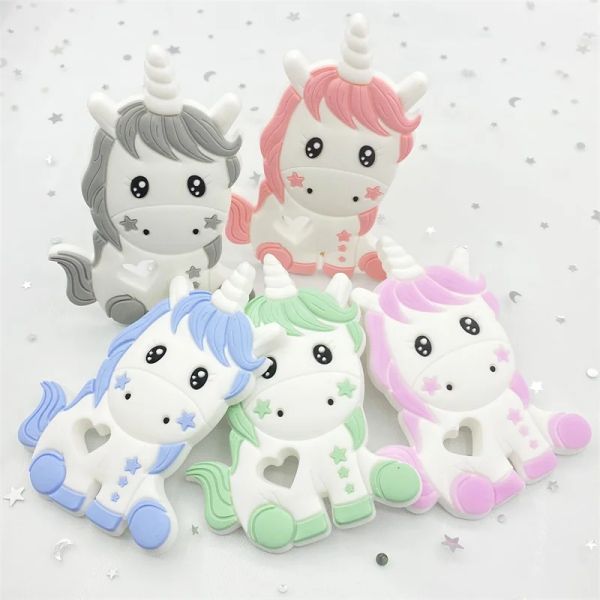 Halsketten 5 Stück Einhorn Silikon Baby Beißring Cartoon Tier Morderor BPA frei Nagetier Zähne Halskette DIY Geschenk Einhorn Baby Beißring