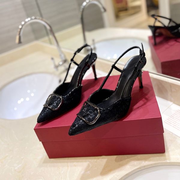 Designer feminino estilingue sapatos de salto alto bomba de cetim com tubos completos bordados couro preto vestido pontiagudo sapatos de festa sandálias da moda 4,5 cm / 8 cm de altura