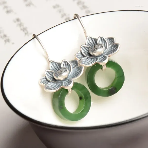 Серьги-гвоздики Guoyu Hetian Jade, античный узор лотоса, пряжка мира, женские драгоценные камни Guofeng, серебро, натуральный