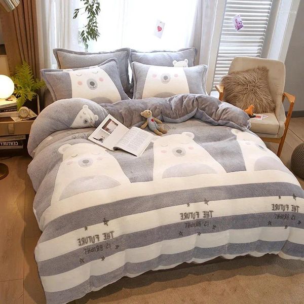 Set di biancheria da letto 150/180/200 CM Orso Bianco Velluto Caldo Lenzuolo Copripiumino Federa Set di Quattro Pezzi Per L'inverno M034-41