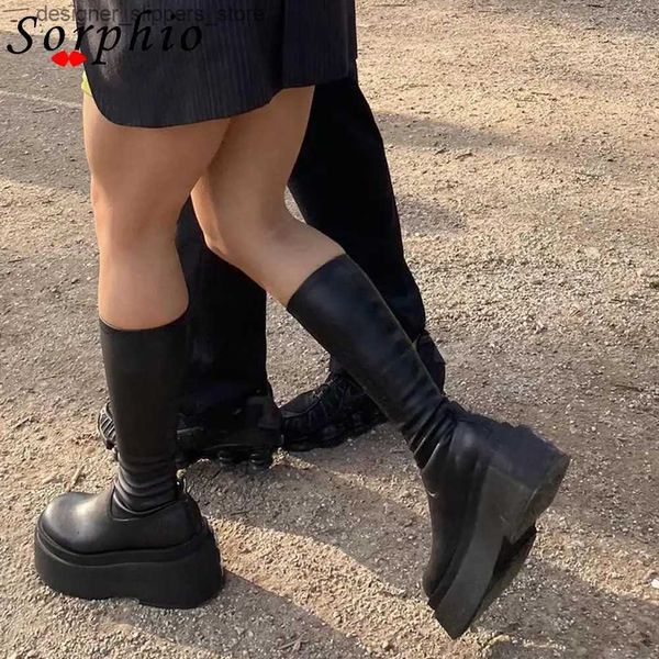 Stiefel Damen Plateaustiefel kniehoch mittleres bis kleines Bein dicke High Heels modische Mädchenschuhe 2022 Herbst- und Sommerstiefel brandneue Gothic Q240321