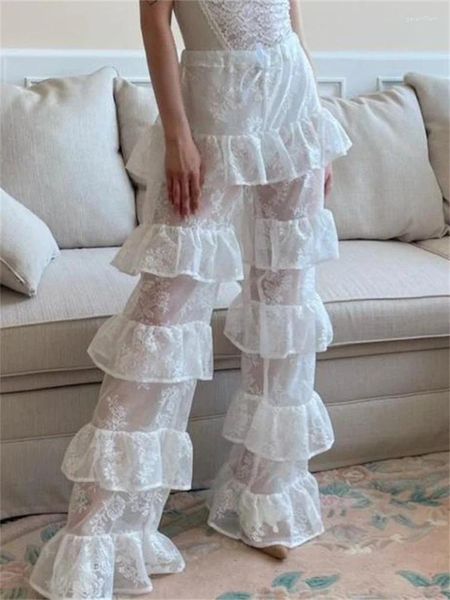 Damenhosen CHRONSTYLE Damen-Hose mit Spitze, hoher Taille, geschichteten Rüschen, Netzstoff, durchsichtige Blumen, Sommerparty, ausgestellte Hose, Hose 2024