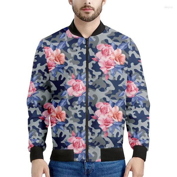 Jaquetas Masculinas Coloridas Flor Rosa 3D Impresso Jaqueta Primavera Outono Floral Gráfico Moletom Mulheres Tops Mangas Compridas Zipper Bomber Casaco