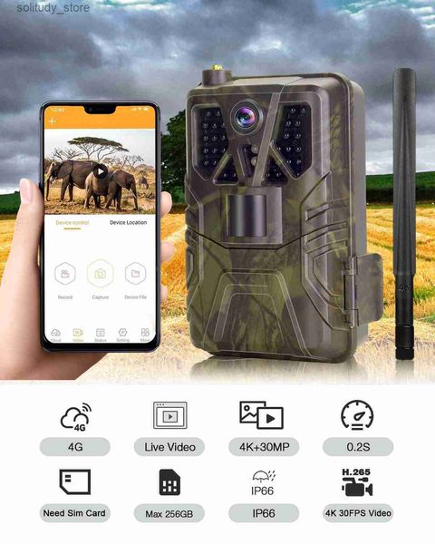 Câmeras de trilha de caça ao ar livre 4K 30f aplicativo de vídeo câmera de rastreamento serviço de nuvem 4G 30MP mídia em tempo real caça selvagem visão noturna jogo PhotoTrap Q240321