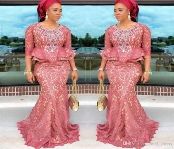 Aso Ebi Nigeria Style Spitze lange arabische Abendkleider Meerjungfrau Ballkleider 34 Lange Ärmel Schößchen Plus Size8440251