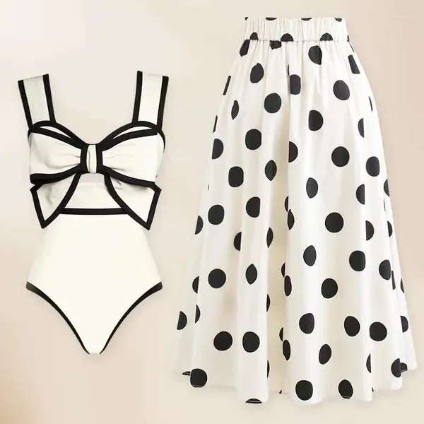 Costume da bagno da donna Nero Bianco Patchwork Gonna da spiaggia Costume da bagno per donna Bikini intero a pois Stampa Vita alta Costume da bagno conservativo