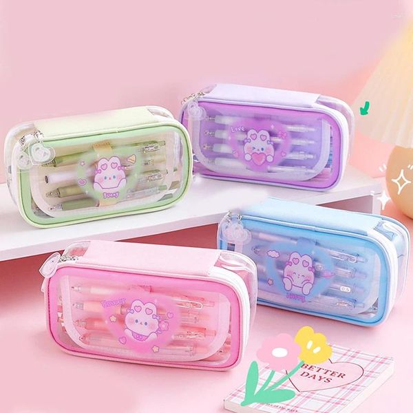 Sacos de armazenamento Kawaii transparente lápis caso grande capacidade impermeável caneta saco cosméticos desenhos animados estudante material escolar papelaria