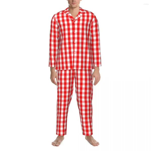 Мужская одежда для сна в красную клетку, осенне-рождественская клетка, повседневный пижамный комплект большого размера, мужская теплая ночная рубашка с длинными рукавами и принтом для сна
