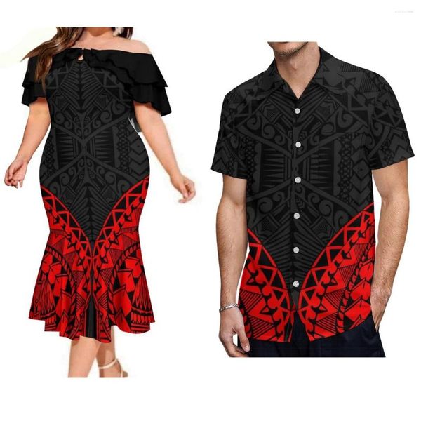 Vestidos de festa personalizado tribo tonganesa polinésia projeta vestido de par com rabo de peixe e camisas aloha masculinas