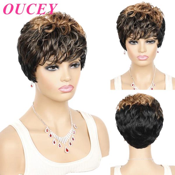 Парики OUCEY, короткие парики, женские натуральные волнистые парики из синтетических волос для женщин, черный, коричневый парик, женский парик с стрижкой пикси с челкой