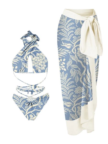 Moda Işık Baskılı Asılı Boyun Kayışı Tasarımı Seksi Tatil Plajı Bayanlar Yaz Modelleri Envanter Bikini Seti 240227