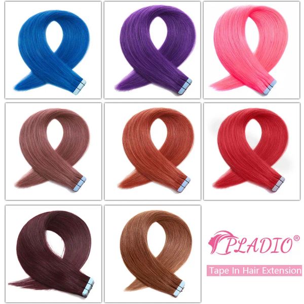 Extensões de fita colorida na extensão do cabelo humano em linha reta trama da pele rosa roxo extensão do cabelo real europeu natural extensão do cabelo 2 g/pc