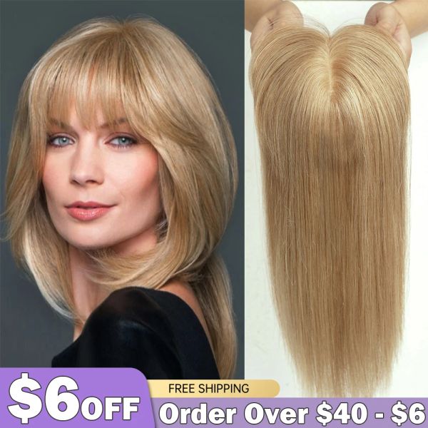 Toppers, 100 % Remy-Echthaar-Topper für Frauen, honigblondes Echthaarteil mit Pony, 150 % Dichte, Seidenbasis, Clip-in-Topper, 10/12/14 Zoll