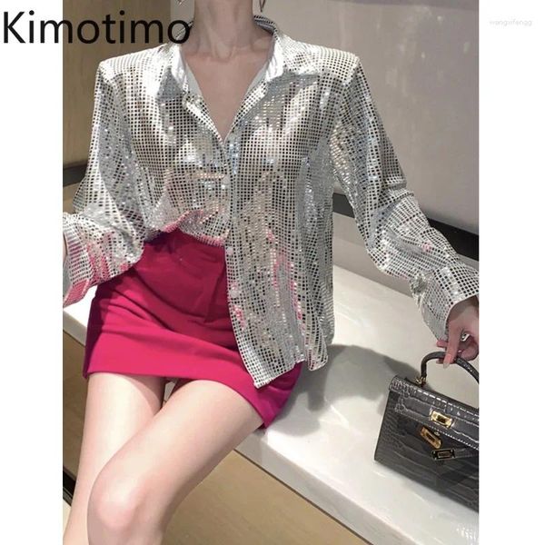 Camicette da donna Kimotimo Camicie con paillettes argentate Donna 2024 Primavera Risvolto Blingbling Top a maniche lunghe allentate Moda francese High Street Club