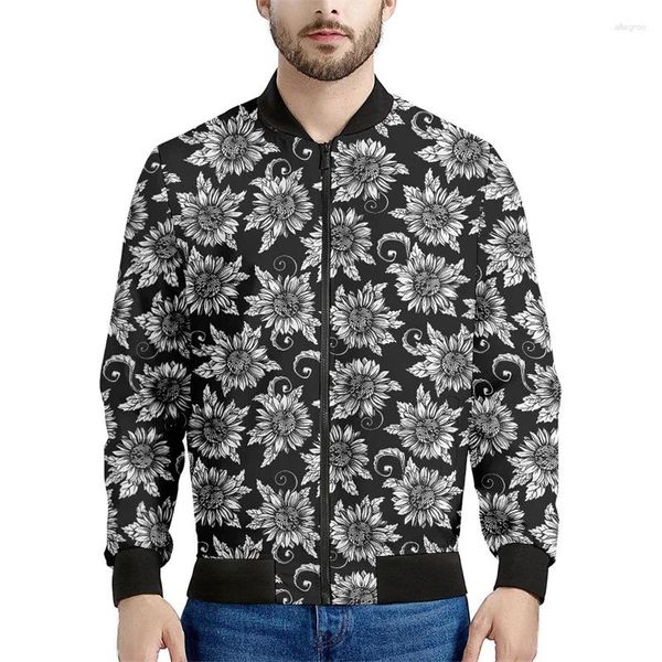 Giacche da uomo Giacca nera con motivo girasole bianco da uomo Felpe floreali stampate in 3d Street maniche lunghe Cappotti con cerniera oversize