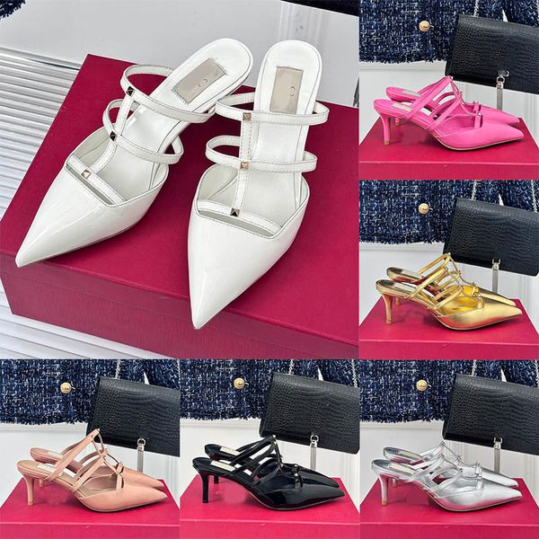 Damen-Sandalen mit hohem Absatz, spitze Hausschuhe, Hohlriemen, Lackleder, goldene Sandalen, geschlossene Halbzehenschuhe, 6 cm Absätze, Slipper, Nietenschnalle, Party- und Hochzeitskleid-Schuhe