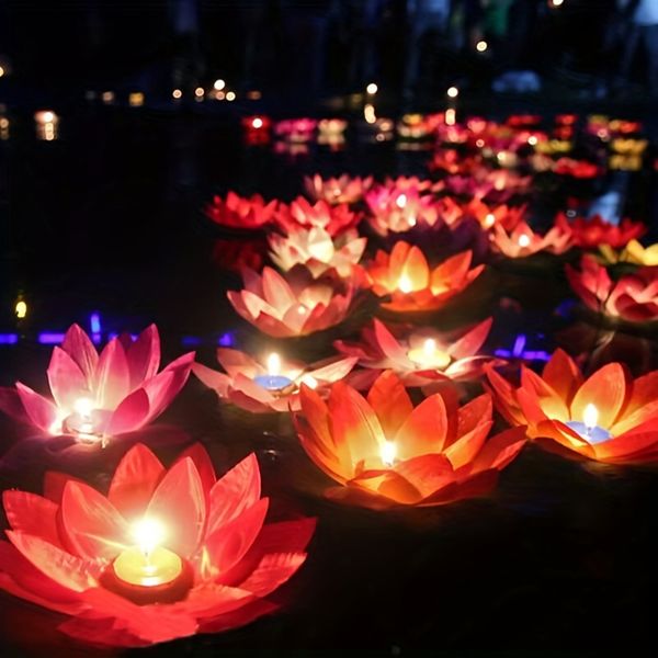 100 Stück mehrfarbige künstliche Seiden-Lotus-Lichter, schwimmende Kerzen, Pool-Laterne für Geburtstag, Hochzeit, Party-Dekoration