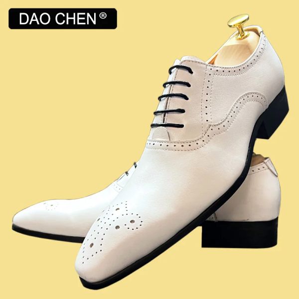 Botlar İtalyan Erkekler Oxford Ayakkabı Beyaz Siyah Brogue Dantel Yukarı Elbise Adam Ofis İş Düğün Ayakkabıları Gerçek Deri Ayakkabı Fro Erkekler