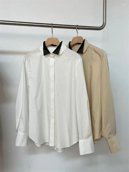 Женские блузки, женская повседневная рубашка 2024, элегантная модная женская прямая блузка с длинными рукавами и цепочкой из бисера