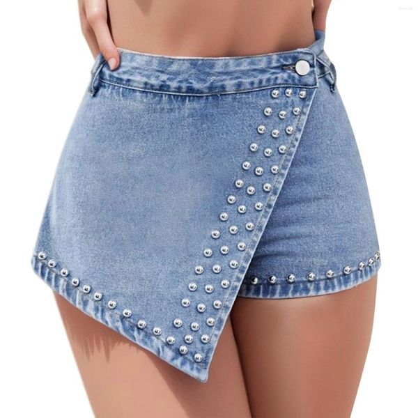 Shorts femininos calças para mulheres strass irregular botão para baixo denim verão assimétrico jeans sexy nightclub