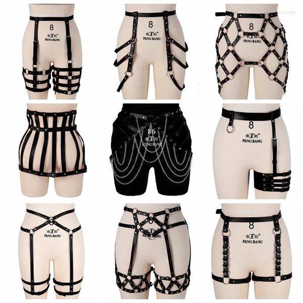 Cintos de couro preto liga cinto gaiola coxa goth punk metal anel ajustar cintura suspender sexy lingerie dança rave saia corpo arnês