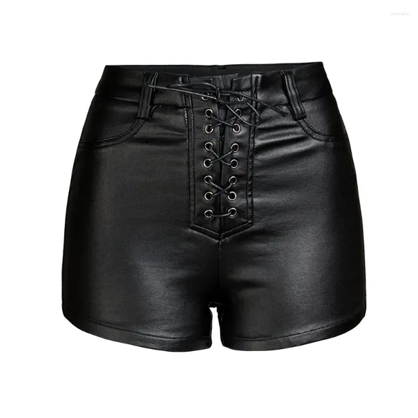 Damen-Shorts, sexy schwarze PU-Lederhose mit hoch tailliertem, elastischem Kordelzug