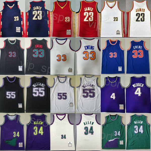 Retro Basquete Patrick Ewing Jerseys 33 Homem Vintage Ray Allen 34 LeBron James 23 Jason Williams 55 Chris Webber 4 Michael Mike Bibby 10 Retrocesso Preto Branco Roxo