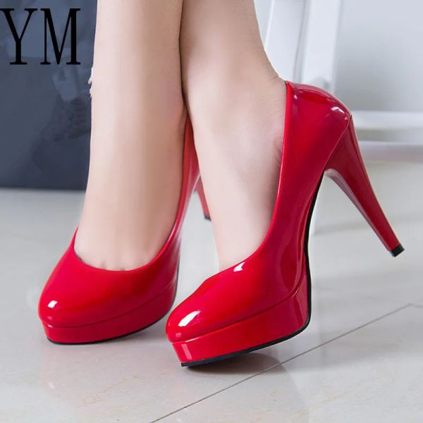 Pompalar moda olgun kadınlar pompalar klasik patent deri yüksek topuklu ayakkabılar kırmızı keskin kafa paltform düğün kadınlar ayakkabı artı 3442