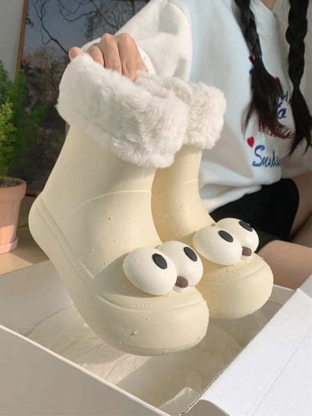 Botas fofas olhos grandes e impermeabilizados botas de neve deslize para mulheres 2023 Winter quente e macio botas de comprimento médio