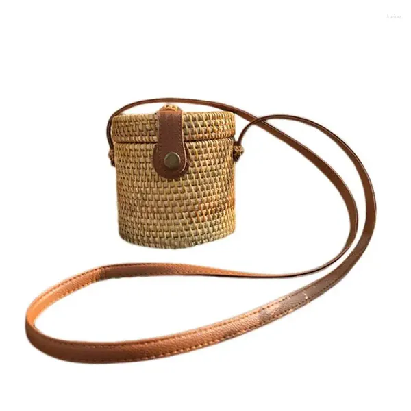 Totes Borsa tonda intrecciata a mano in rattan con cinturino in pelle intrecciata da donna a tracolla Chic Retro Summer Beach spalla Boho S