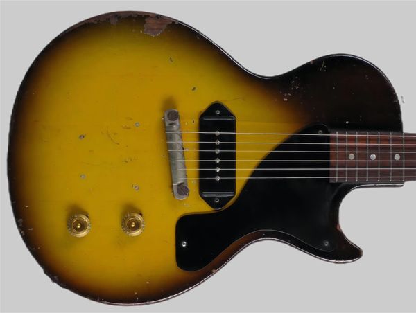 Seltene 1957 Junior Sunburst Dark Brown Heavy Relic E-Gitarre, einteiliger Mahagonikorpus, Hals, P-90 Dog Ear Pickup, Wrap Around Bridge 369