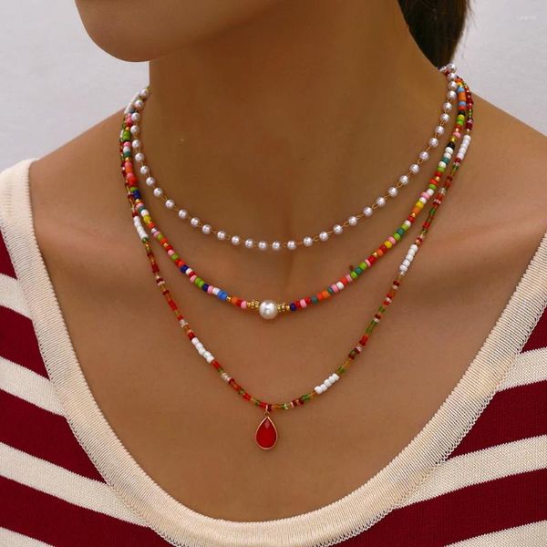 Catene Bohemian Perline multistrato fatte a mano Catena di perle Collane di moda Gioielli con ciondolo in cristallo rosso per accessori donna N0386