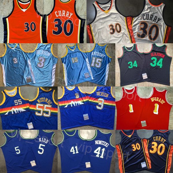 Retro Basket Autentico Hakeem Olajuwon Maglie Vintage Tracy McGrady Stephen Curry Dirk Nowitzki Jason Kidd Dikembe Mutombo Carmelo Anthony Allen Iverson