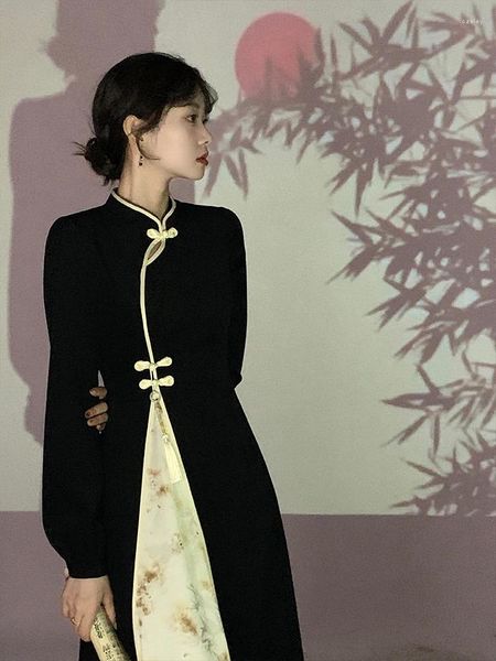 Lässige Kleider Kleid Langarm Damen Nähen Blooming One Button Schwarz Mode Schlank Chinesisch Retro Cheongsam Jacquard Frühling und Herbst
