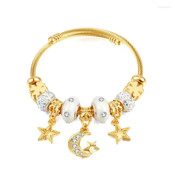Bracciale rigido in acciaio inossidabile placcato oro con luce di lusso micro set zircone braccialetto ad anello a filo aperto con stella luna di alta qualità per ragazze
