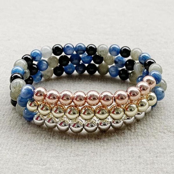 Link Pulseiras MG2045 Design 6 MM Azul Kyanite Labradorite Preto Turmalina Mix Pulseira de Pedras Preciosas Mulheres Cooper Beads Yoga Pulso Mala