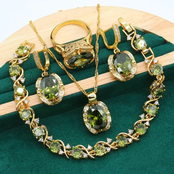 Stränge Geometrische Hochzeit Gold Farbe Schmuck Set für Frauen Olivengrün Zirkon Armband Ohrringe Halskette Anhänger Ring Geschenk
