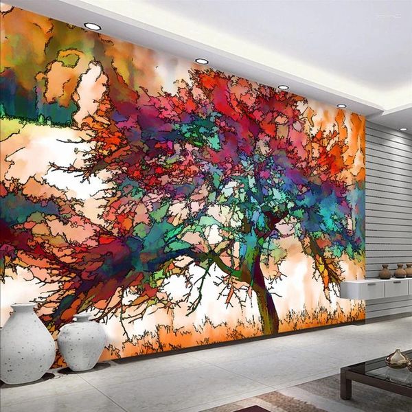 Wallpapers 3d papel de parede moderno arte abstrata árvore colorida po mural restaurante café bar decoração criativa papel murais