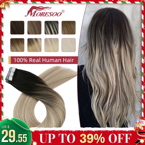 Extensões Moresoo Fita em Extensões de Cabelo Humano 100% Cabelo Real Remy Cabelo Brasileiro 1424 polegadas Fita Adesiva Natural Reta em Extensões