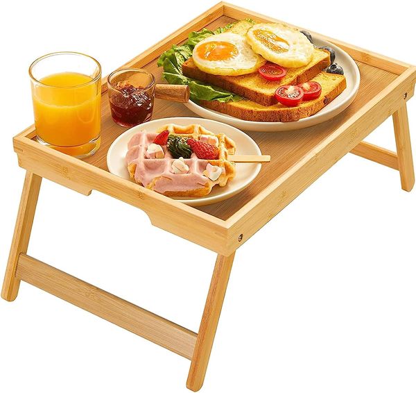Betttablett aus Bambus mit klappbaren Beinen, Frühstückstablett für Sofa, Bett, Essen, Arbeiten, verwendet als Laptop-Schreibtisch-Snack-Tablett