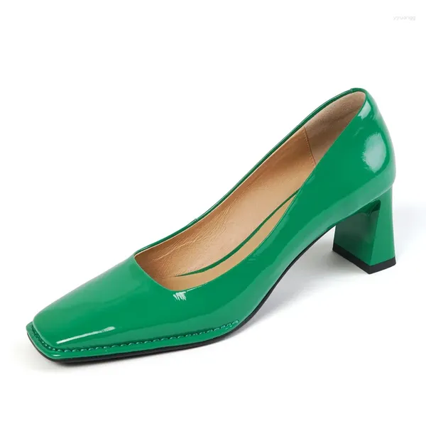 Sapatos de vestido Mulheres de couro genuíno 7cm saltos altos robustos smallhut primavera bombas cinza verde moda costura estilo senhoras quadrado toe festa