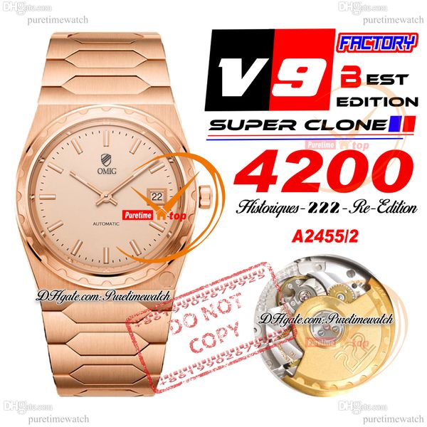 Historiques 4200H 222 Jumbo A2455 Otomatik Erkek Kadın Unisex Saat V9F 37mm Gül Altın Dial Paslanmaz Çelik Bilezik Süper Sürümü PureTiMewatch Reloj Hombre