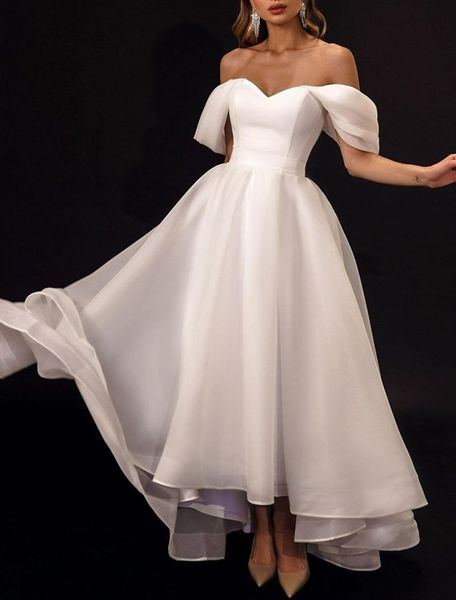 Vestidos elegantes de noiva de marfim curtos de marfim com bolsos A-line Organza Off Off ombro de comprimento assimétrico Zipper vestidos de noiva traseiro para mulheres