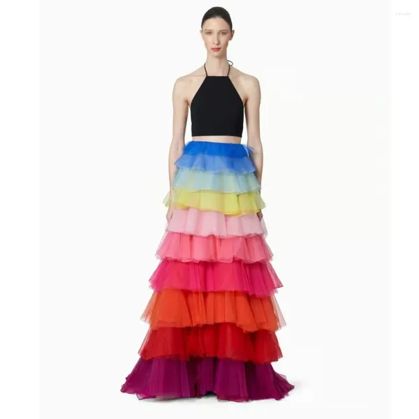 Яркие разноцветные многоярусные длинные женские юбки из органзы для вечеринок трапециевидной формы длиной до пола, радужная женская макси свадебная юбка
