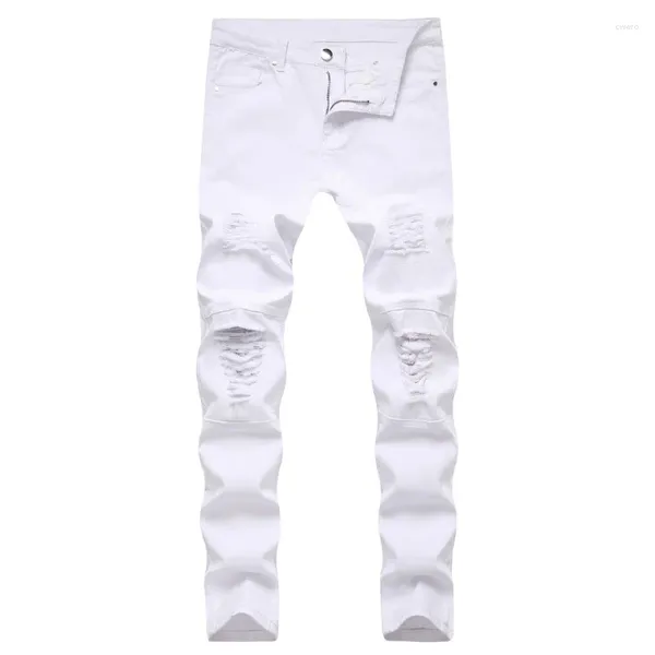 Calça Jeans Masculina Versão Coreana De Comércio Exterior Com Furos Slim Fit E Pés Pequenos.Calças adolescentes de cintura média jeans da moda