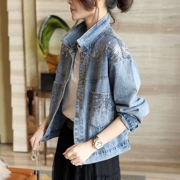 Giacche da donna Giacca corta in denim con tasca con paillettes Casual Primavera Autunno Jeans larghi alla moda Cappotto a maniche lunghe da donna