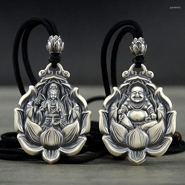 Catene vintage in argento 925 con pendente sfaccettato Guanyin per uomo e donna, solido maitreya, loto, collana di fascino in stile nazionale, regalo di gioielli